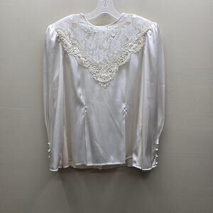 Vintage Dividends Satin Lace Trim Blouse Top Cottagecore Wedding Ivory Size 12